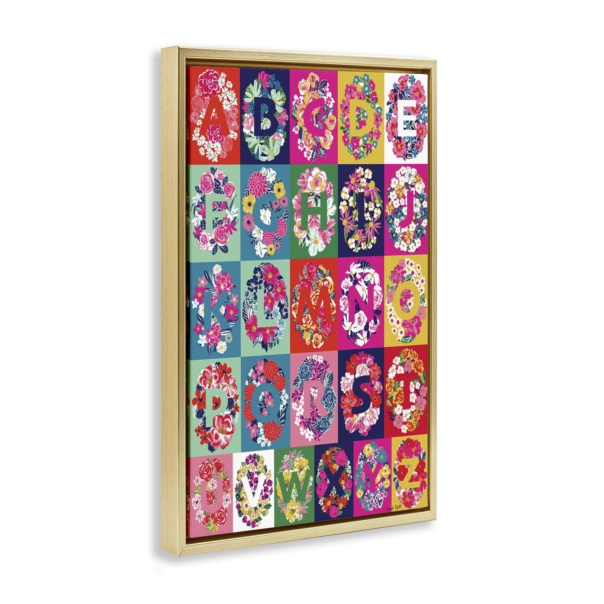 Stupell Industries Energetic Blooms Alphabet Plants & Flowers Painting Gold Floater Framed Canvas Art Print Wall Art, 17 x 25