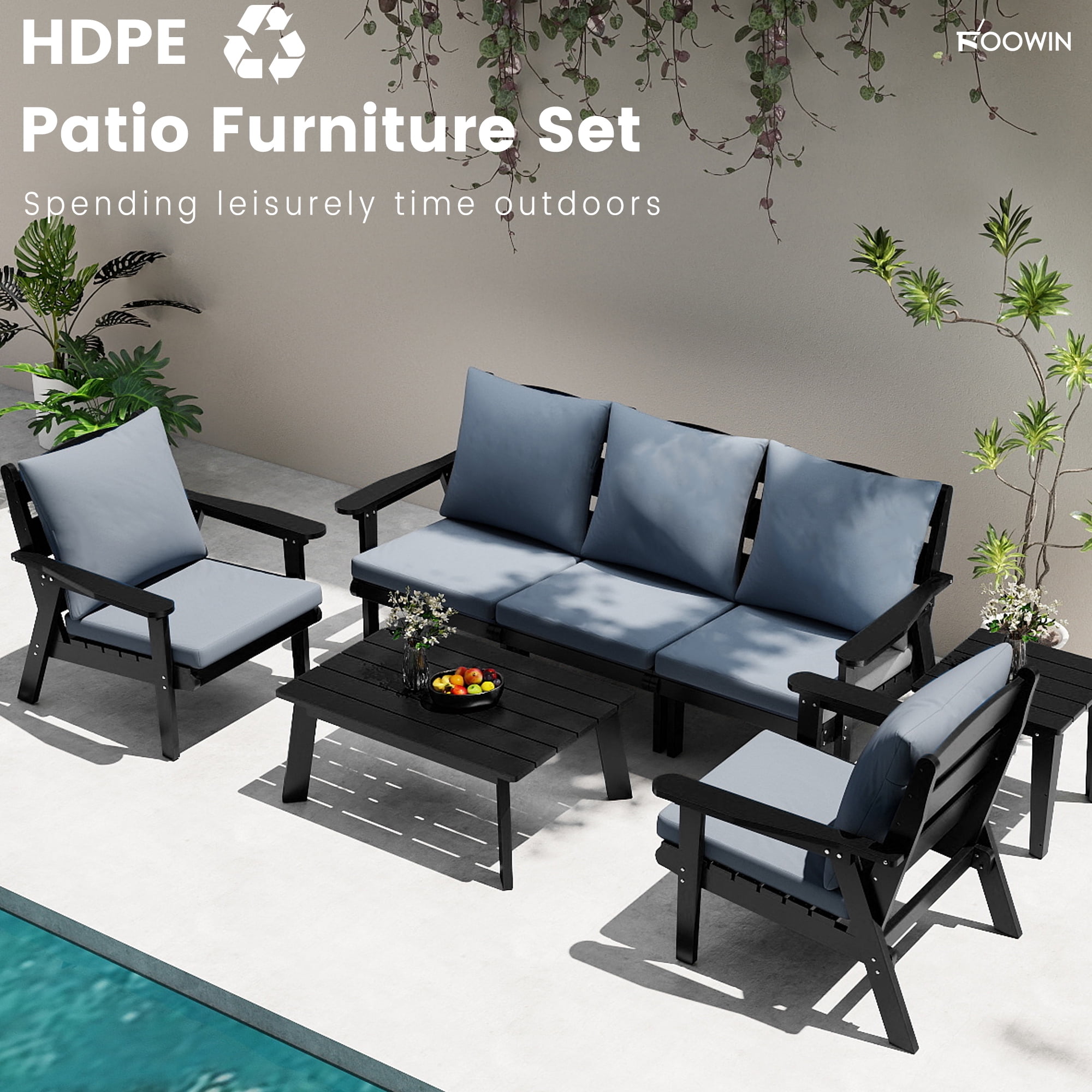 FOOWIN 7-Piece Patio Furniture Set, HDPE Outdoor Conversation Set with 5 Seating & Cushions, Perfect Patio Sofa Set for Garden, Porch, Backyard, Black Frame with Grey Cushion