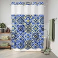 thumbnail image 6 of No Hook Shower Curtain, Vintage Boho Shower Curtains for Bathroom with See Through Top Window, Middle Century Bohemia Style Patchwork Blue Waterproof & Washable Bath Curtain Stall 48"x72", 6 of 9