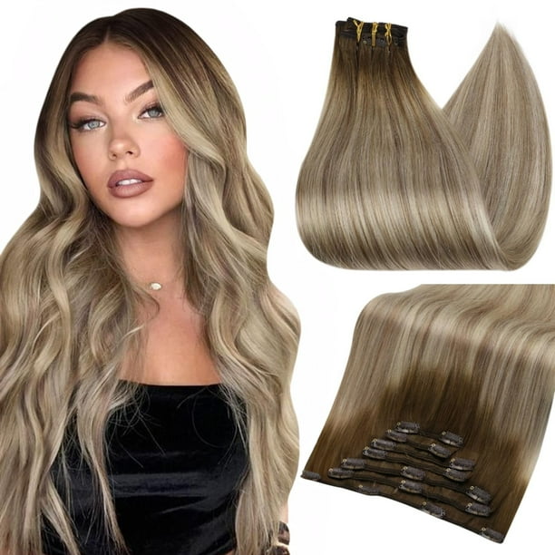 Extensiones de cabello real Full Shine con clip en cabello humano de 14 pulgadas, 7 unidades, extensiones de cabello con clip premium, liso, marrón, ombre, marrón ceniza, mezcla rubia, extensiones de