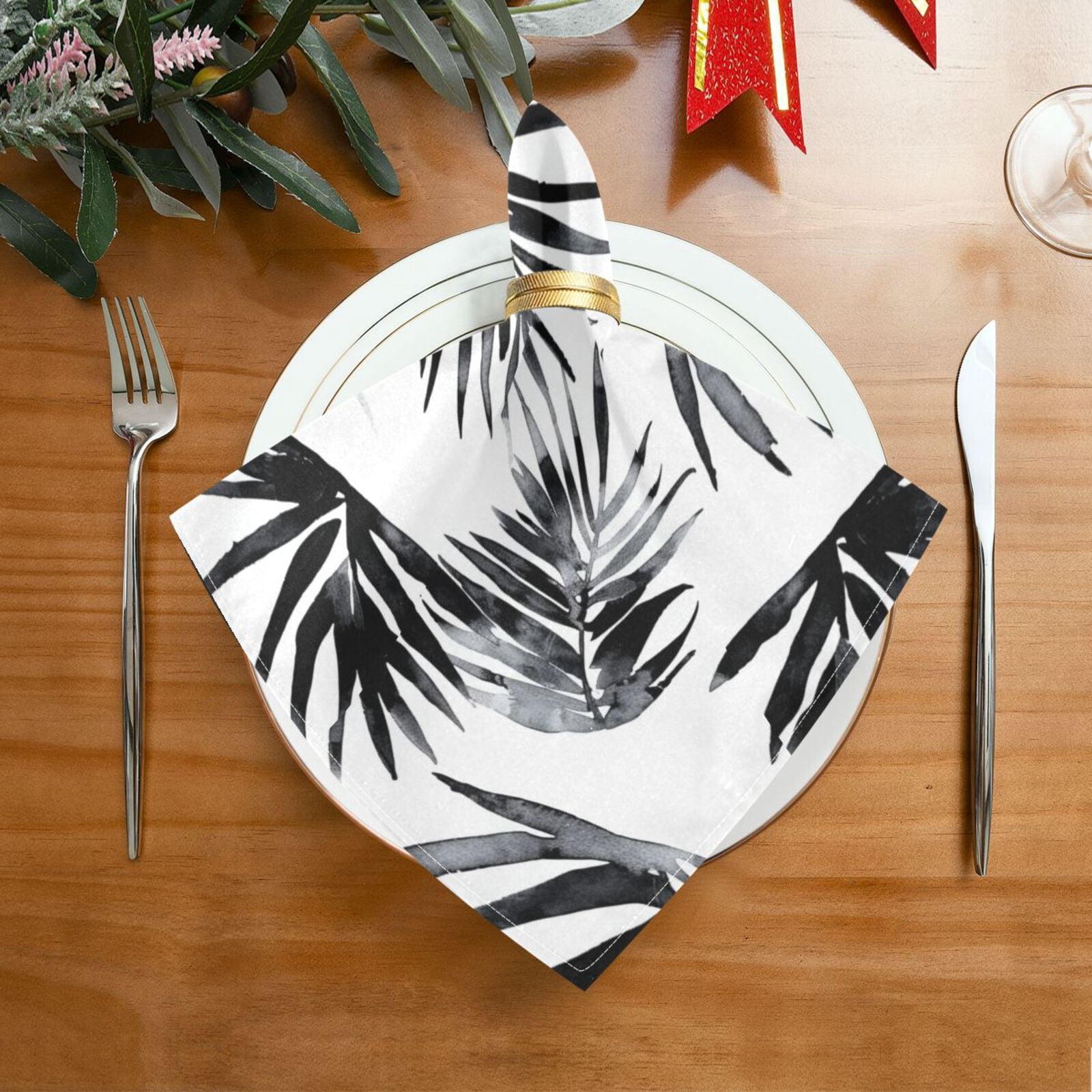JSTEL Black Palm Leaf Watercolour Cloth Napkins Set of 6, 20x20 Inch Washable and Reusable Napkin for Decoupage Dinner Party Everyday Use
