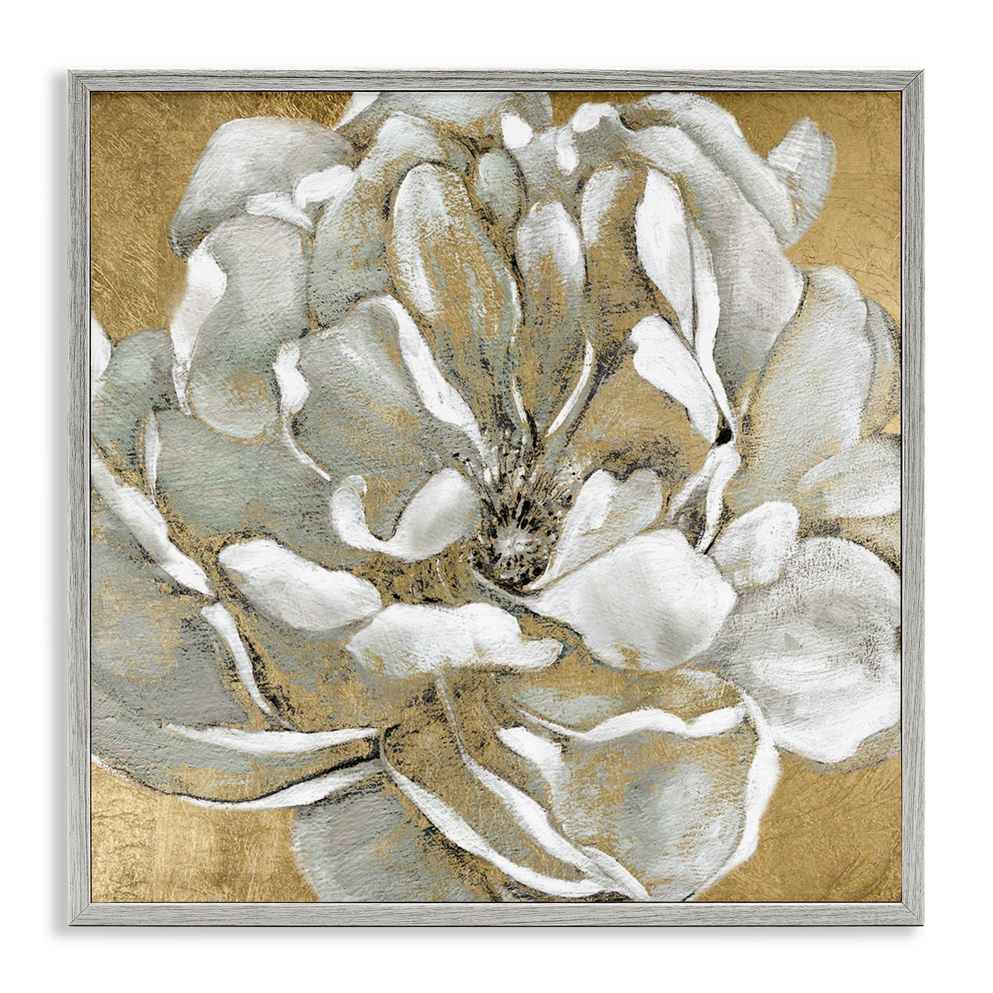 Stupell Industries Blushing White Magnolia Flower Abstract Floral over Gold Paintings Gray Framed Art Print Wall Art, 17x17, by Carol Robinson