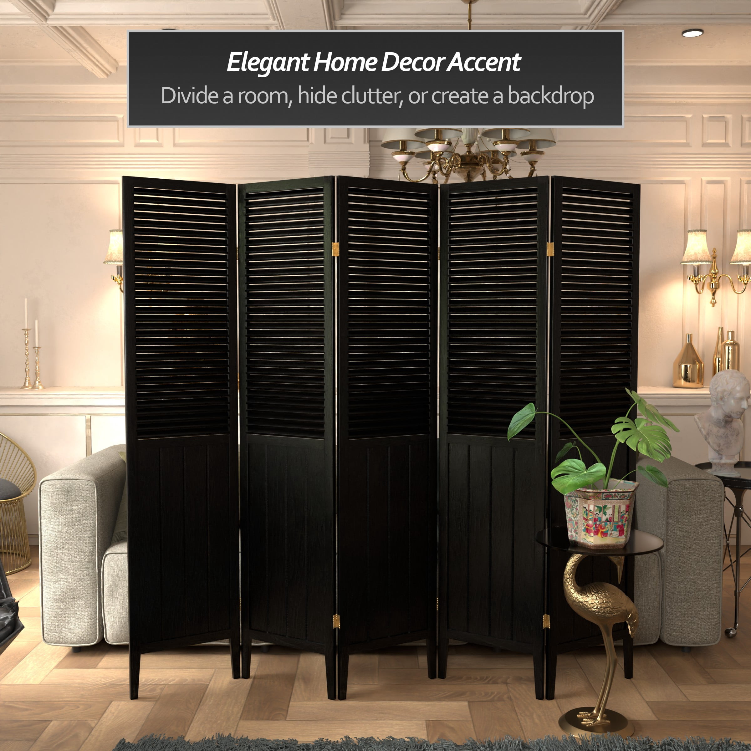 Handmade Beadboard 70-inch Room Divider (China) 5 Panel Black