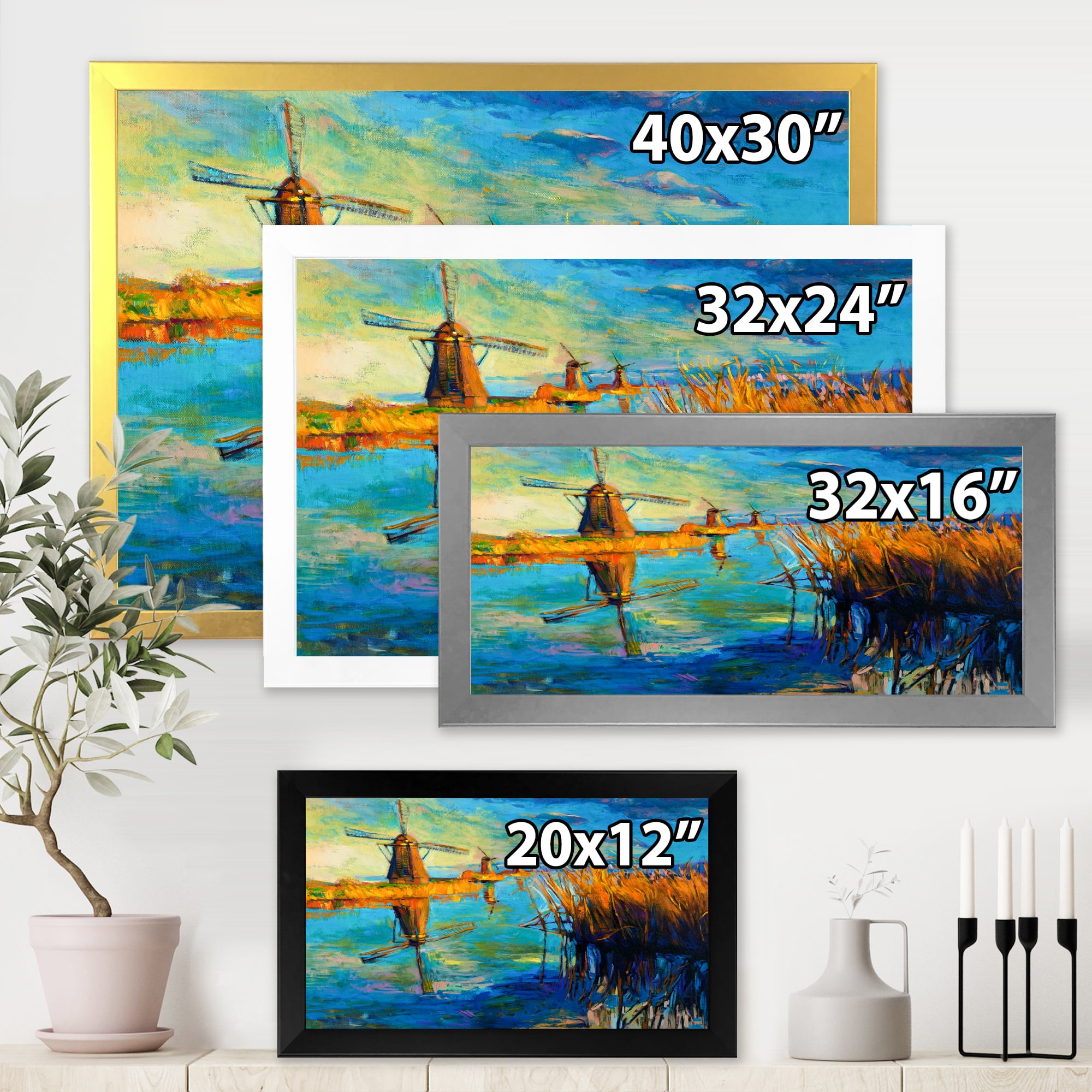 Designart 'The Deep Blue Lake And Windmills' Nautical & Coastal Framed Art Print