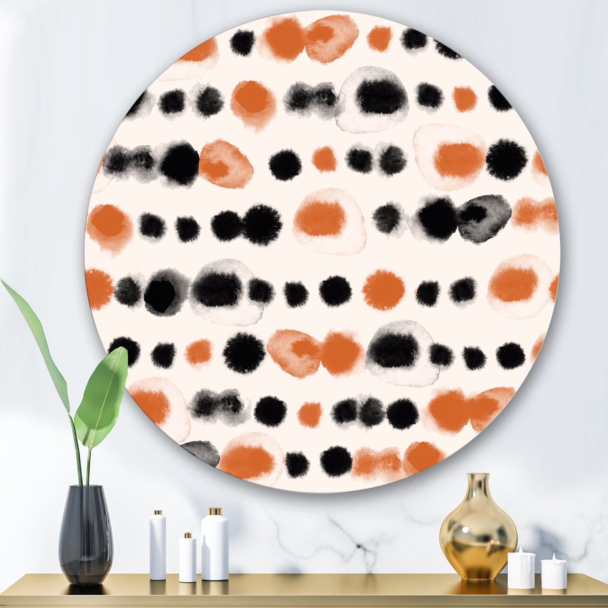 Designart 'Orange and Black Polka Dots' Modern Circle Metal Wall Art 29x29 - Disc of 29