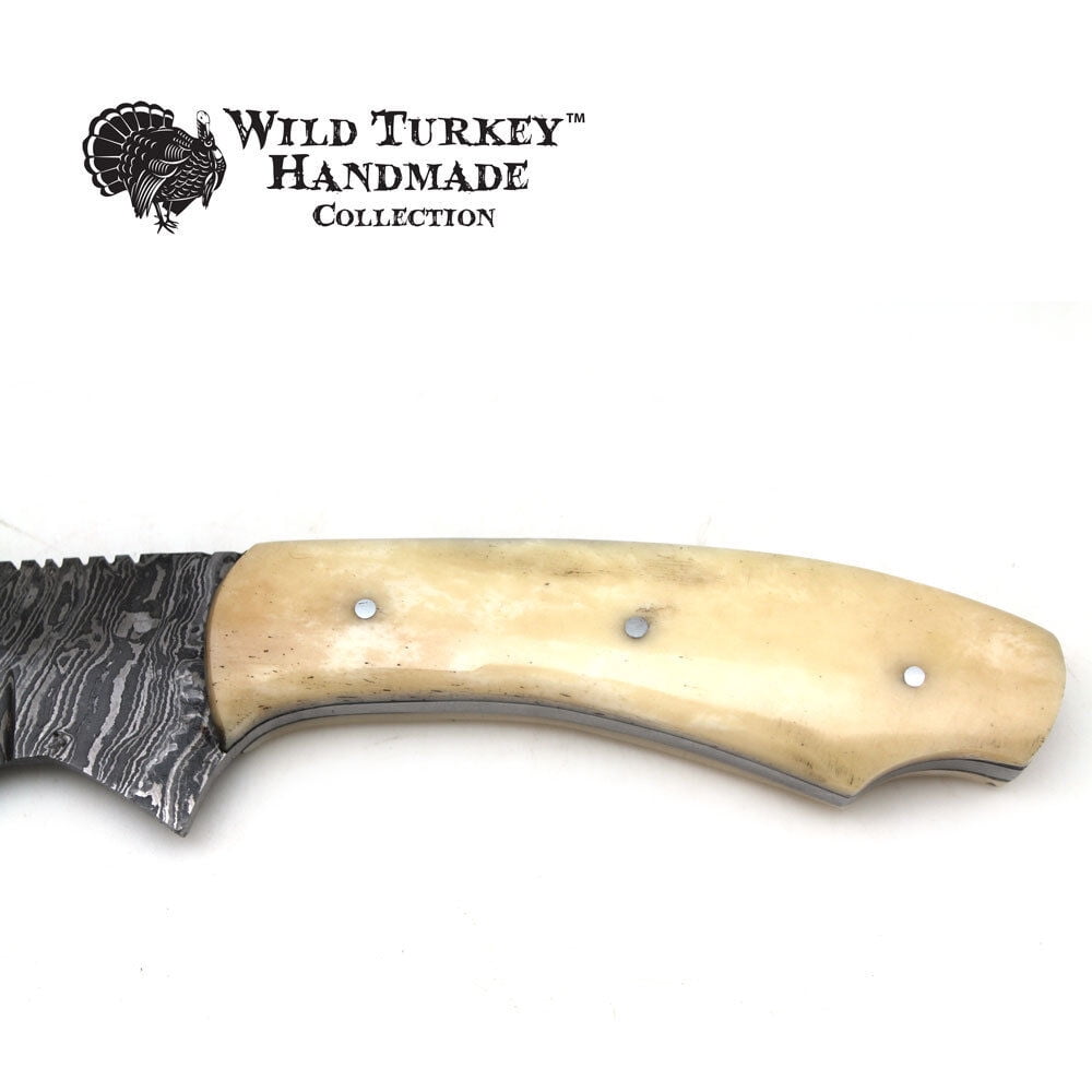 11" Damascus Fixed Blade Bone Handle Hunting Knife with Leather Sheath