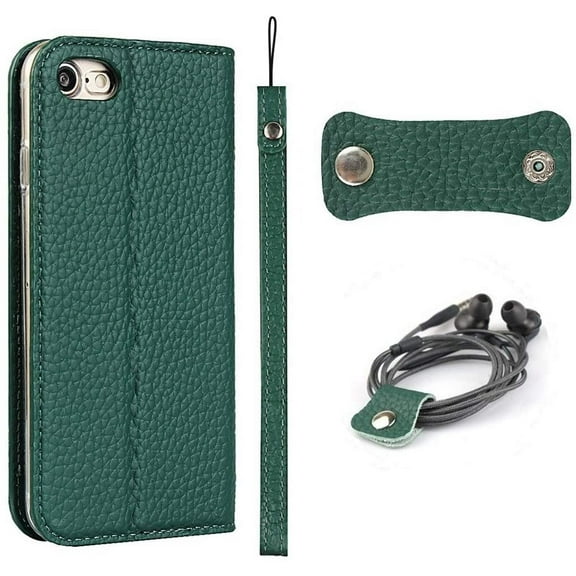 Compatible for iPhone SE 2020/iPhone 8 Case,Headset Winder,Flip Folio Magnetic Closure,Card Slots,Kickstand,Cash Pockets Wrist Strap Genuine Leather Wallet Case for iPhone 7, 4.7",Deep Green