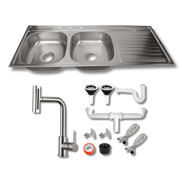 Fregadero Tarja para Cocina Tina Doble Con Escurridor Acero Inoxidable Kit Pro (Escurridor Derecho)