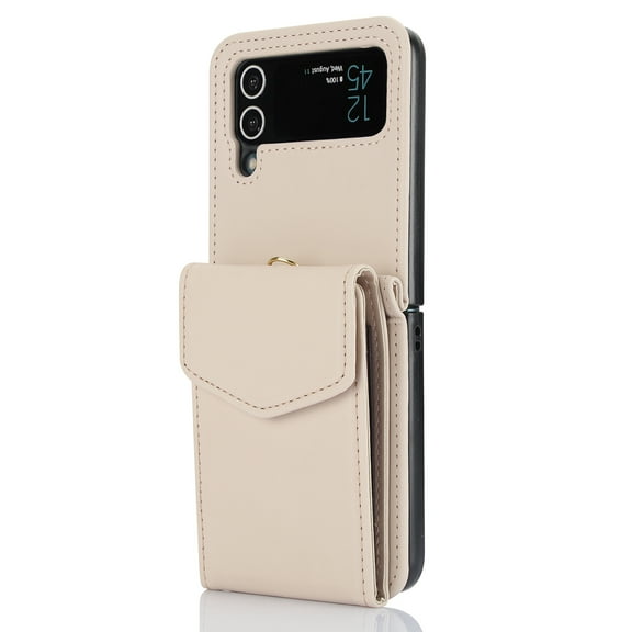 Phone Case for Samsung Galaxy Z Flip 3 Wallet Cover with RFID Blocking Crossbody Wrist Strap Stand Credit Card Holder Kickstand Leather TPU ZFlip3 Women Men Cover,Apricot