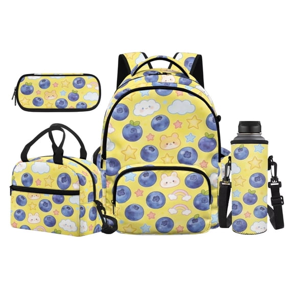 Jeiento 17 Inch Kids Backpack Set 4-Piece Lunch Bag Pencil Case Water Bottle Holder Cute Blueberry Lightweight Large Capacity School Bookbag for Boys Girls Children Back to School
