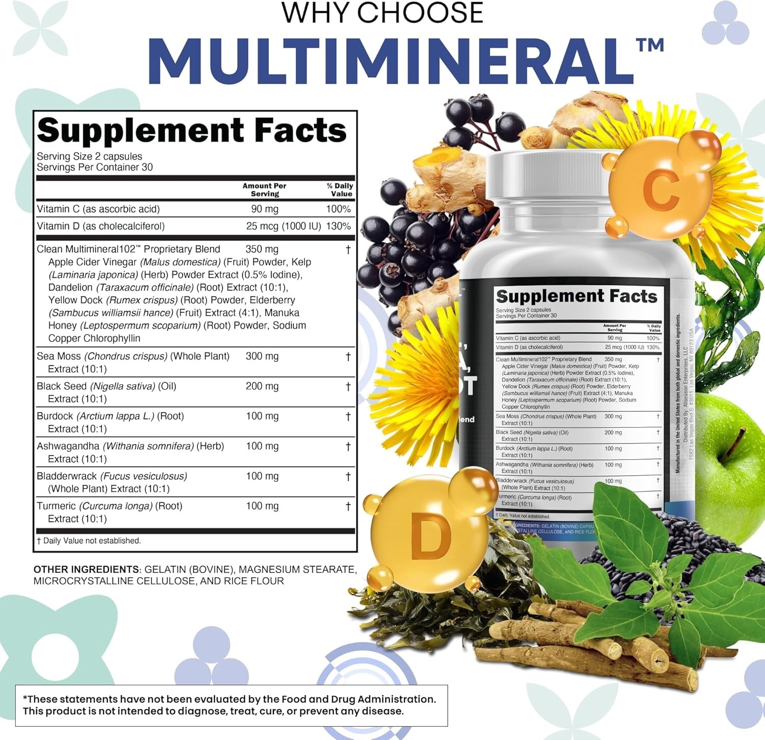 Clean Nutra MultiMineral Sea Moss Capsules 2 Pack - Black Seed Oil Ashwagandha Turmeric Bladderwrack Burdock Root Vitamin C D3 Elderberry Iodine Chlorophyll