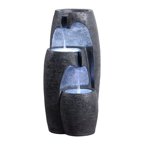 Teamson Home 3-Tier Cascading Urn Outdoor Water Fountain, Cool Glow Lighting with Adjustable Flow & Electric Pump, Black