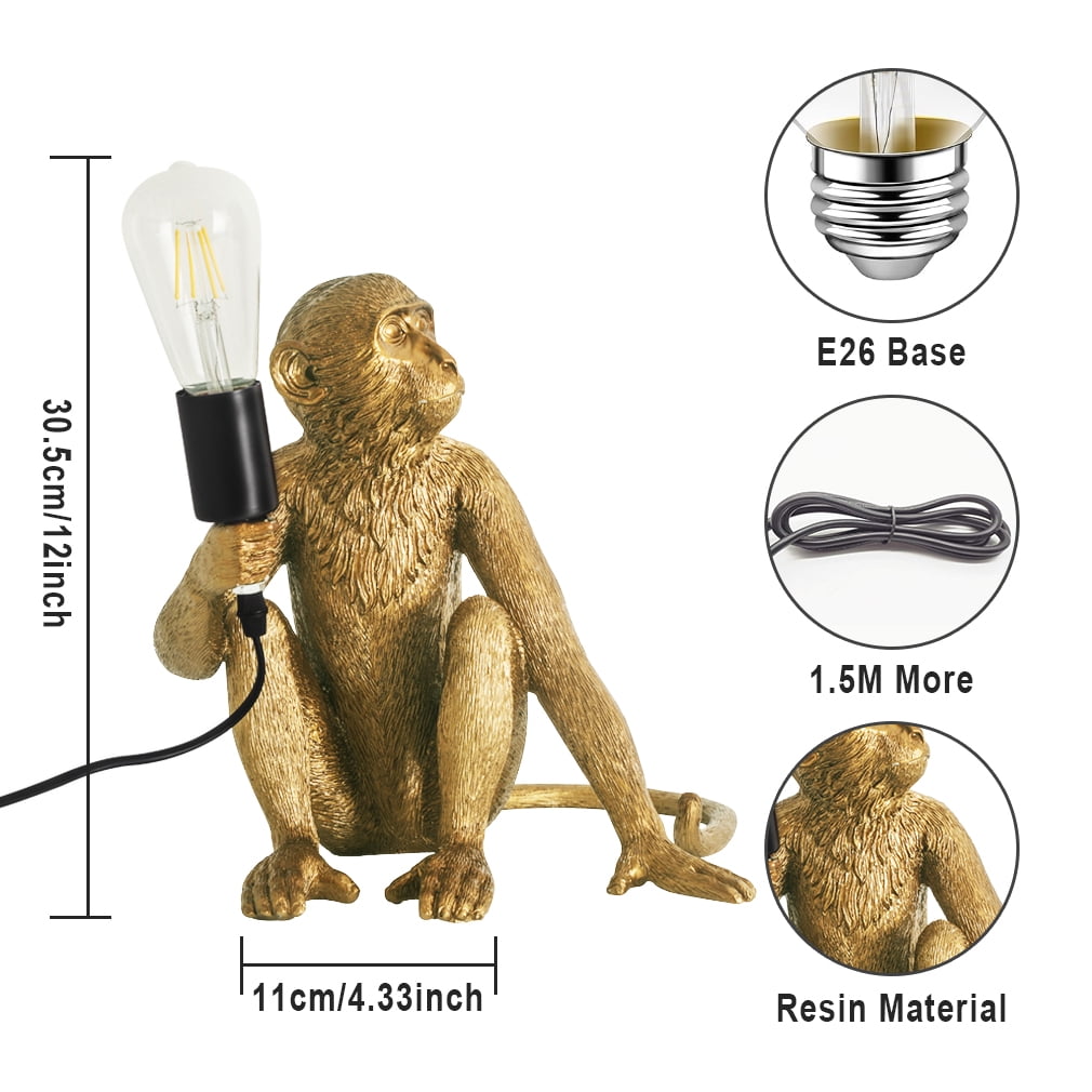 Elinkume Monkey Table Lamp, Resin Design Table Lamp, Bedroom, Living Room 4.33*12 inches (Gold)