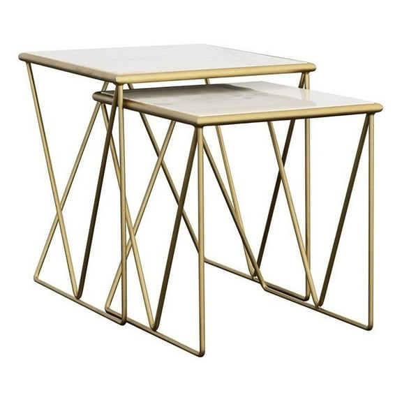Pemberly Row 2-Piece Marble Top Nesting Table in White and Gold