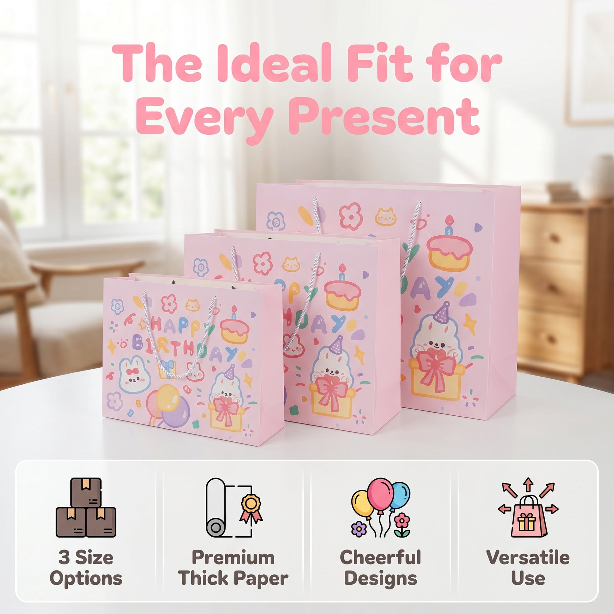 Unique Bargains 6Pcs Vibrant Cartoon Themed Birthday Gift Bags Pink 12.6" x 4.5" x 9.8"