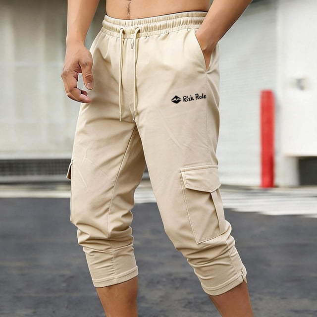 Ceisia Men's Solid Color Loose Cargo Capris with Elastic Drawstring Waist & Multi Pockets Khaki L Gifts