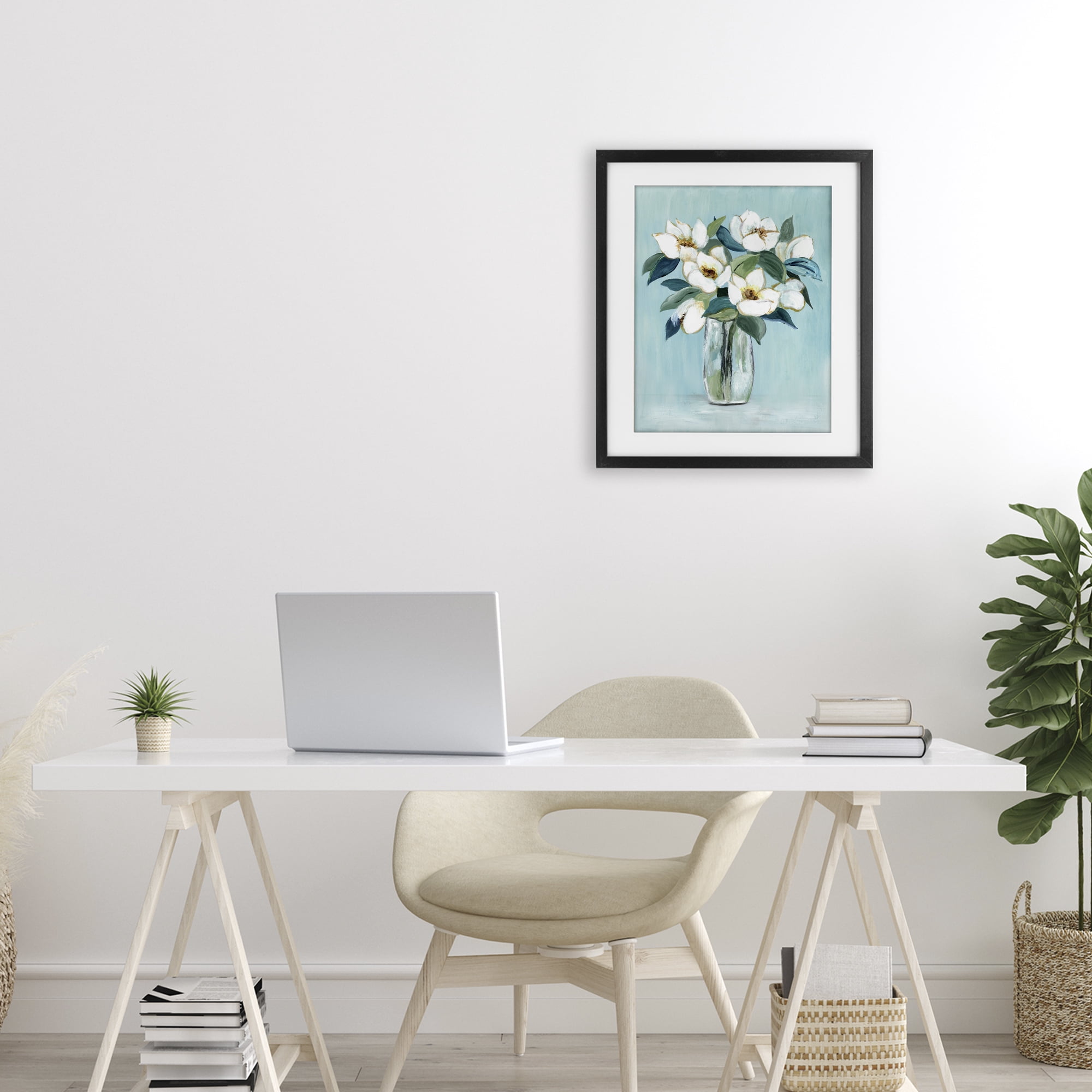 Stupell Industries Magnolia Blossoms on Blue Black Framed Print Under Glass, design by Janet Tava