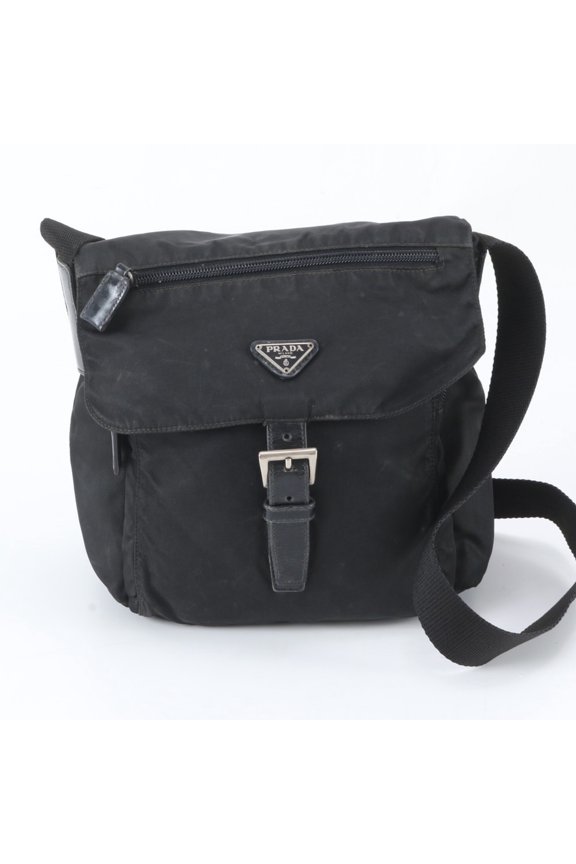 Pre-Owned Prada Tessuto Nylon Triangle Logo Leather Shoulder Bag Messenger Black RNM EJ36-8