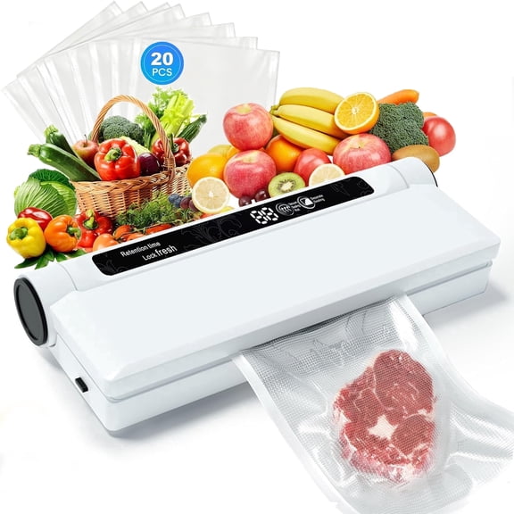 Food Vacuum Sealers, Vacuum Sealer Machine with 20 Storage Bags, Compact Vacuum Sealer for Food,75KPA Strong Suction,Moist/Dry Modes,Digital Timer,8X Preservation & Fresh, Ideal for Home Kitchen Use