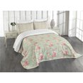 thumbnail image 3 of Ambesonne Flowers Quilted Bedspread Set 3 Pcs, Retro Spring Blossoms, Queen Size, Mint Pink, 3 of 5