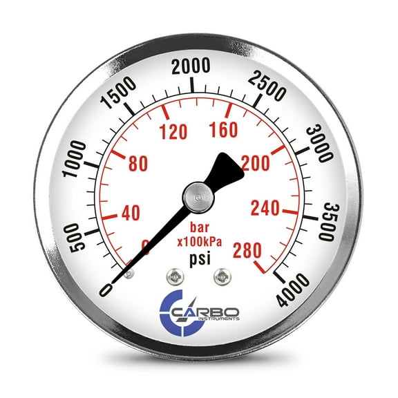 CARBO Instruments 2- 1/2" Pressure Gauge, Chrome Plated Steel Case, Dry, 0-4000 psi/kPa, Back Mount 1/4" NPT