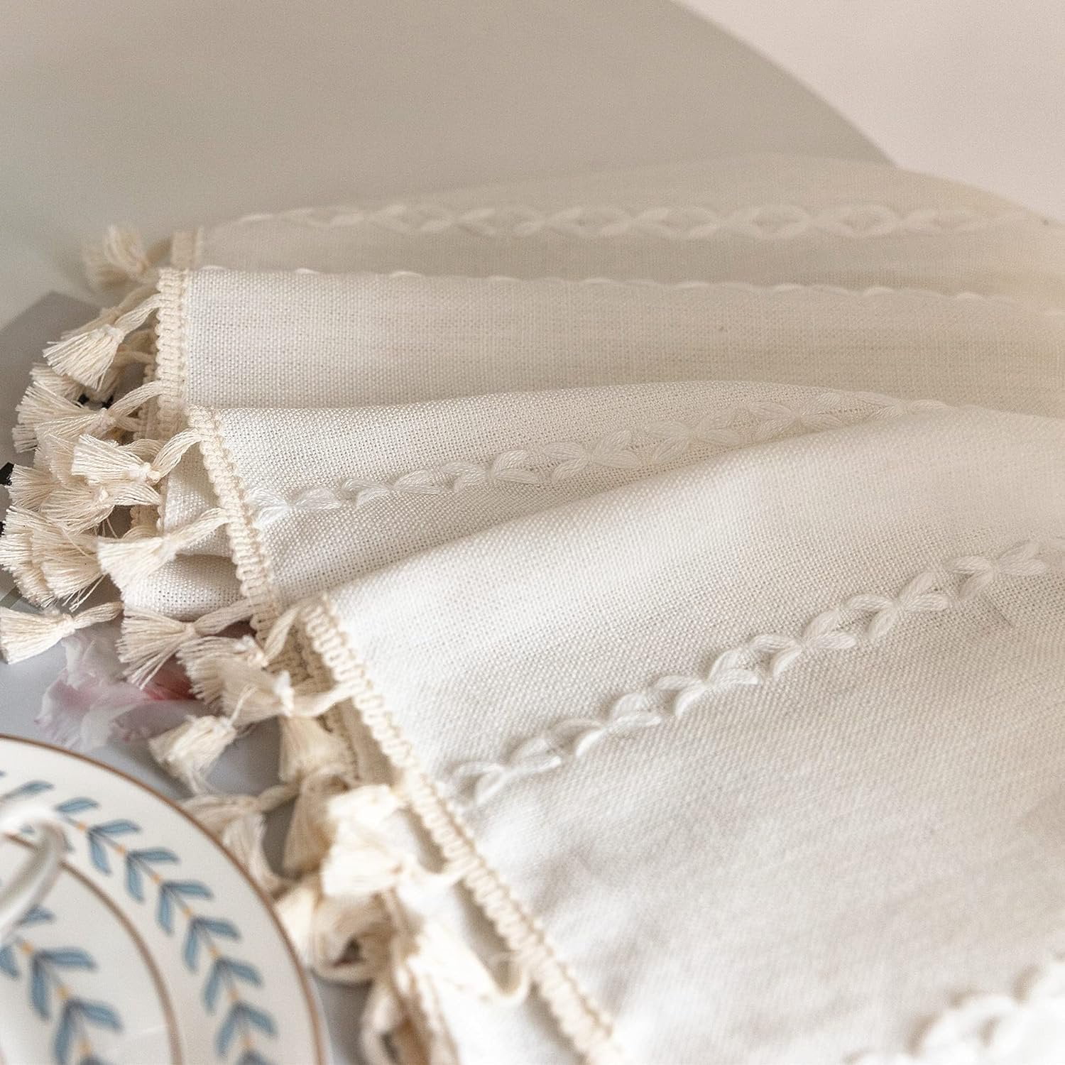 Psoiuetr White Boho Curtains for Bedroom Living Room Linen Cotton Embroidered Semi Blackout Farmhouse Window Treatment Drape Vintage Tassels Rod Pocket 1 Panel 52" W x 63" L