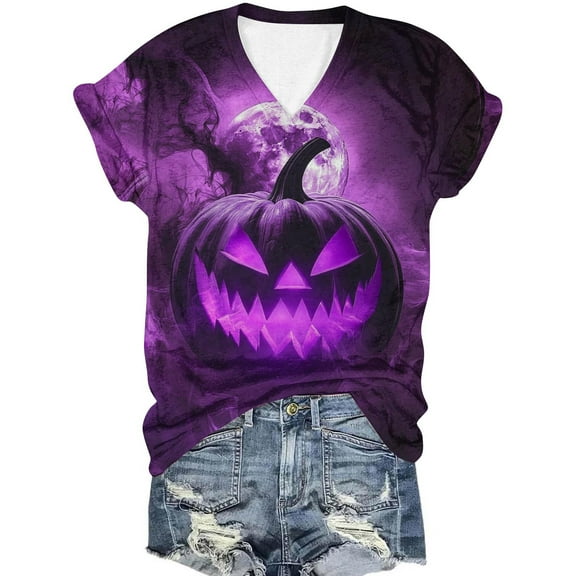 Jsaierl Halloween Shirts for Women Spooky Pumpkin Ghost Graphic Tees Work V Neck T-shirt Short Sleeve Dressy Casual Blouse Tops Halloween Clothes