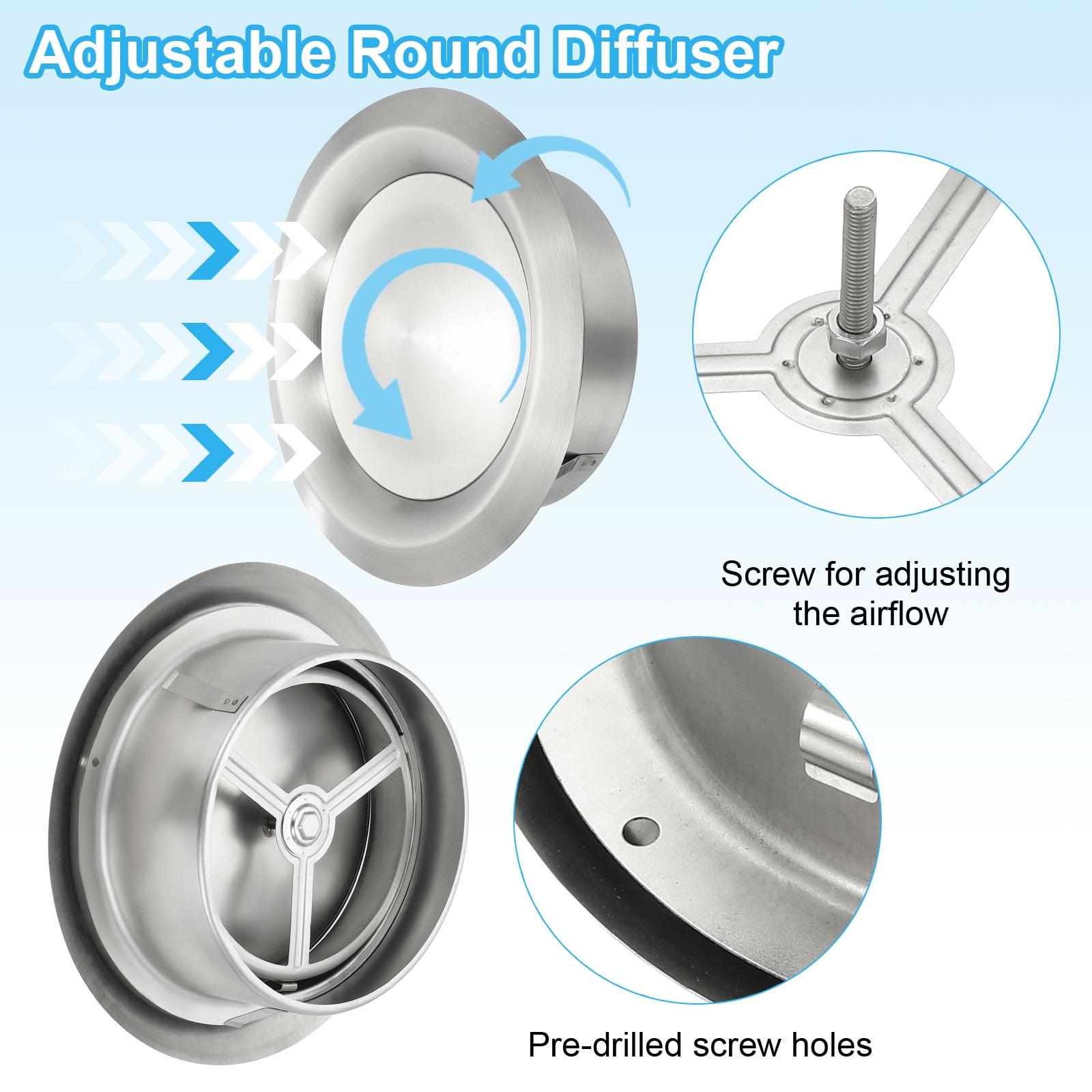 Uxcell Round Ceiling Diffuser, 304 Stainless Steel Adjustable Wall Air Vent Diffuser Vent Duct Cover Exhaust Supply 6 Inch