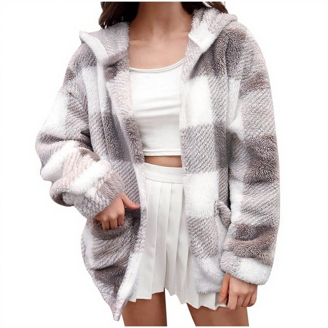 aohooy Women Plaid Fuzzy Cardigan - Oversized Open Front Hooded Fleece with Pockets Fall Winter Gray,XXXL