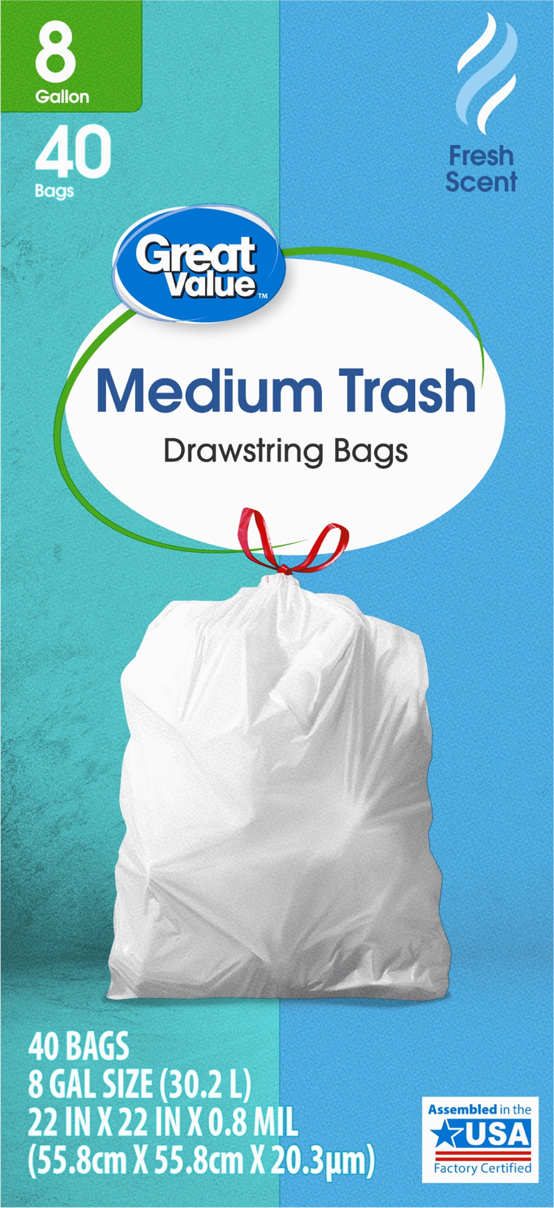 Great Value 8-Gallon Drawstring Trash Bags, Fresh Scent, 40 Bags