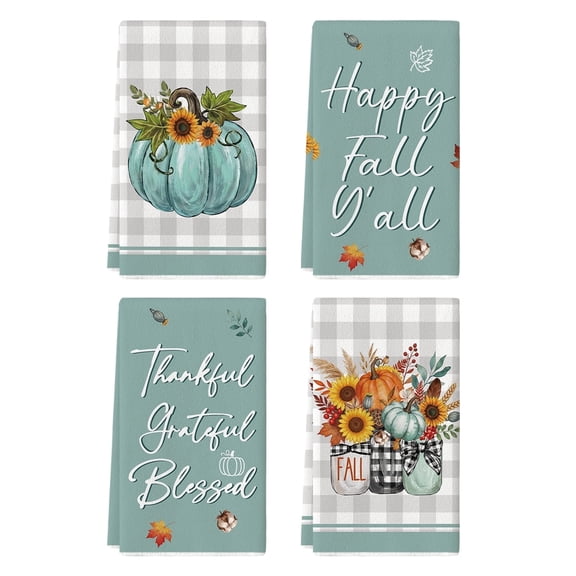 Sm:)e Home Sweet Home Blue Pumpkin Blessed Thankful Grateful Fall Thanksgiving Kitchen Dish Towels Buffalo Plaid 18x26 Inch Set of 4