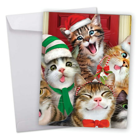 J6652HXSG Large Merry Christmas Card: 'Merry to Zoo' Featuring Cute and Funny Cats Posing for an Adorable Christmas Selfie Greeting Card with Envelope by The Best Card