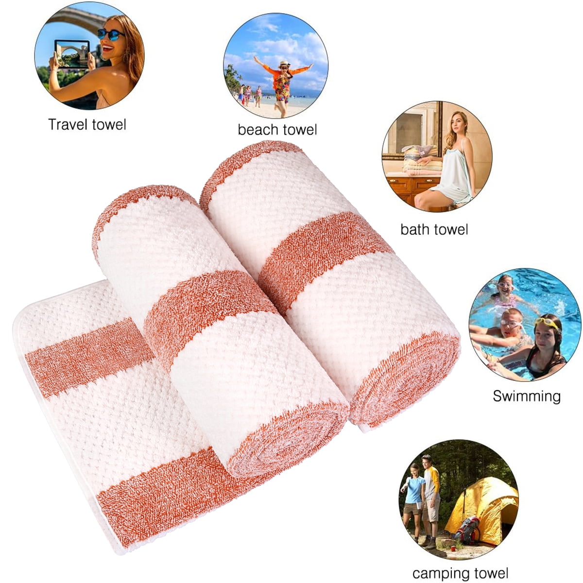 NC Fashion 2 Piece Microfiber Bath Towel Set, Orange, White, Multi-color