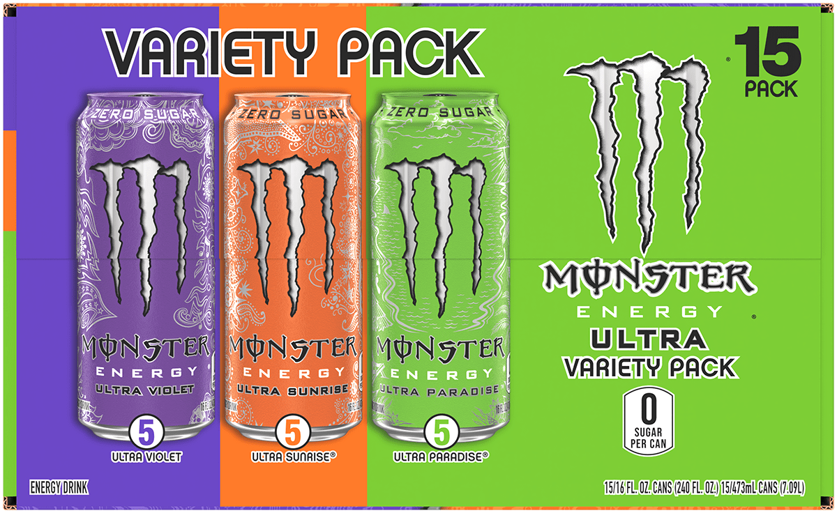 Monster Energy Ultra Variety Pack Energy Drink, Zero Sugar, 15-Pack, 16 Oz Cans