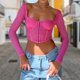 thumbnail image 5 of Blusas Cortas Sheer Mesh Crop Tops Encaje Sexy Camisetas de manga larga Ropa femenina (Rose Red L) Cgtredaw Para estrenar, 5 of 7