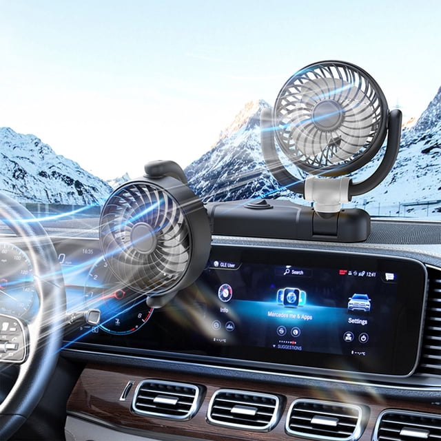 Ventilador de coche de doble cabezal con placa de número de teléfono, práctico ventilador interior de coche, plegable en tres posiciones, con ángulo de soplado alto.