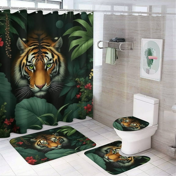 Tiger in Tropical Jungle Shower Curtain Bathroom Sets Toilet Lid Rug, Bath Mat And Contour Mat, Shower Curtain 4Pcs