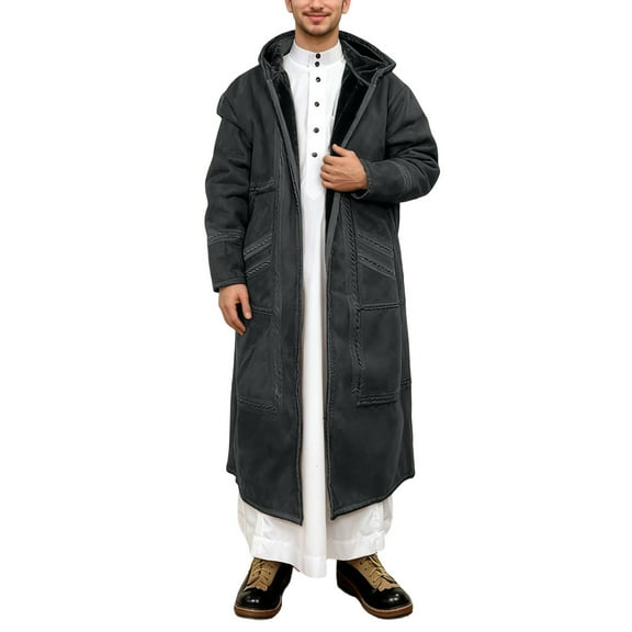 Jacket for Mens Winter Thick Warm Hooded Robe with Pockets Suede Nap Long Jacket for Cold Weather Outdoor Activities A-Black 1