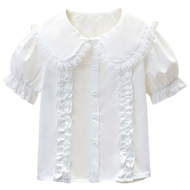 Odeerbi Camisa de Vestido de Algodón de Las Niñas Flor Bordado de Manga Corta Uniforme de La Escuela Con Bolsillo