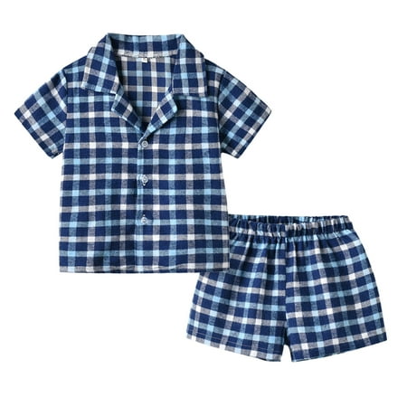 

Girls Boys Pajamas Shorts Set Spring Summer Plaid Cotton Short Sleeve Sleepwear Little Girls Nightgowns Size 90 Blue