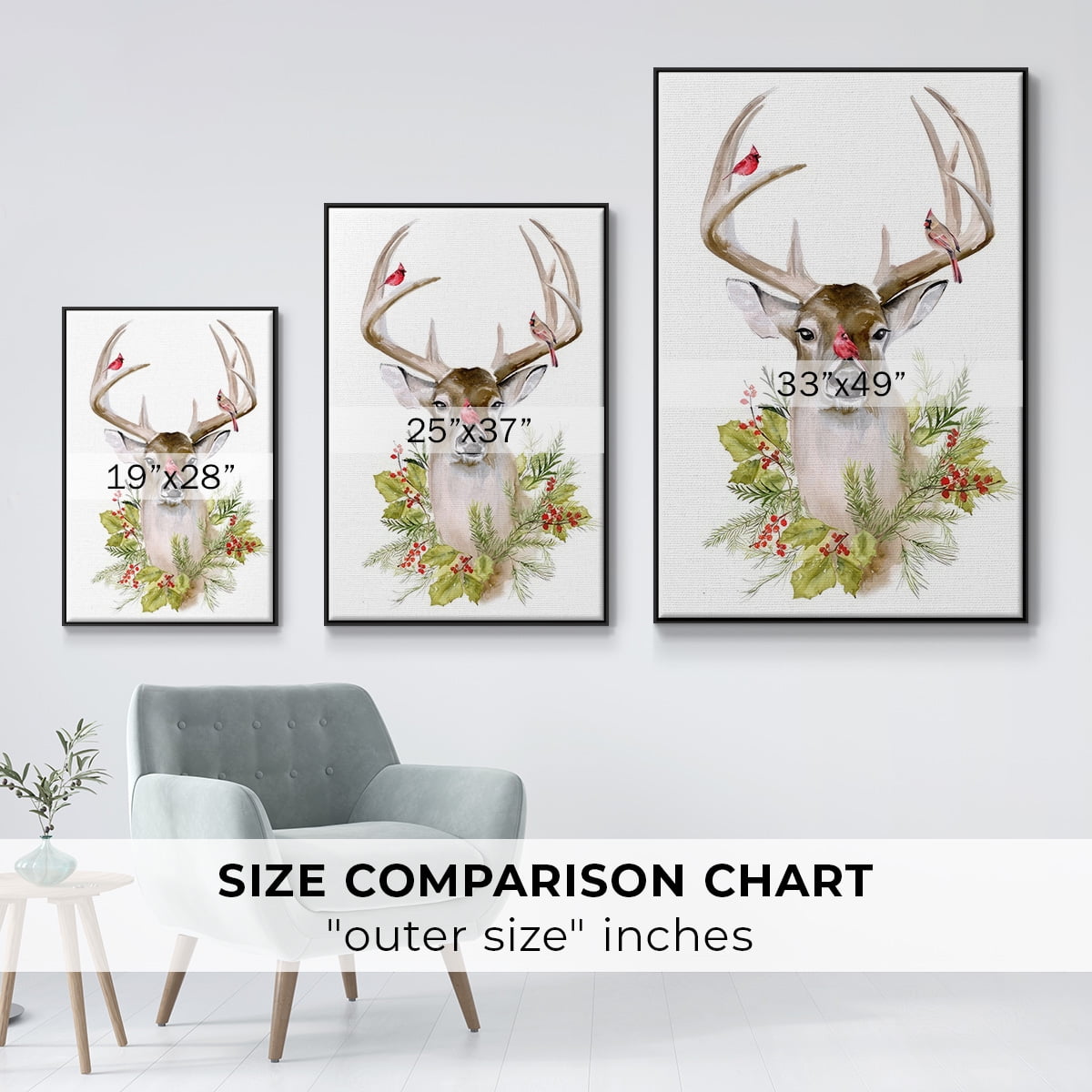 Holiday Deer Collection B - Framed Gallery Wrapped Holiday Canvas - 17 x 25 - Black Frame