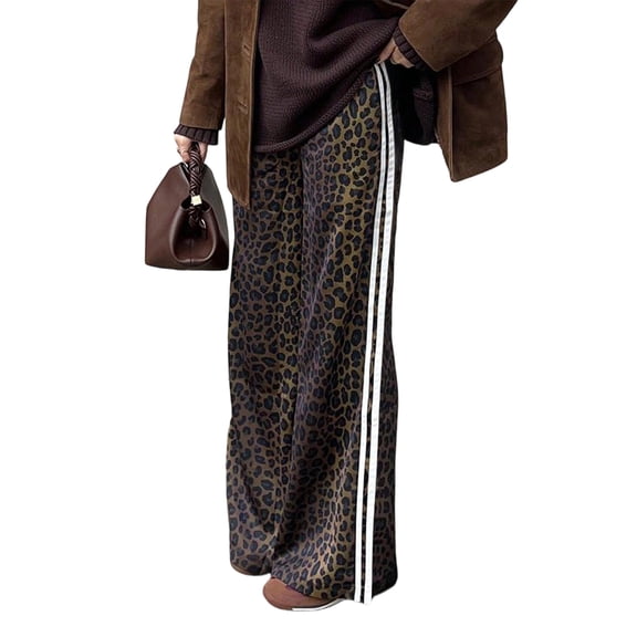 Women Leopard Print Elastic High Waist White Side Piping Loose Wide Leg Streetwear Long Pants Dark Brown S