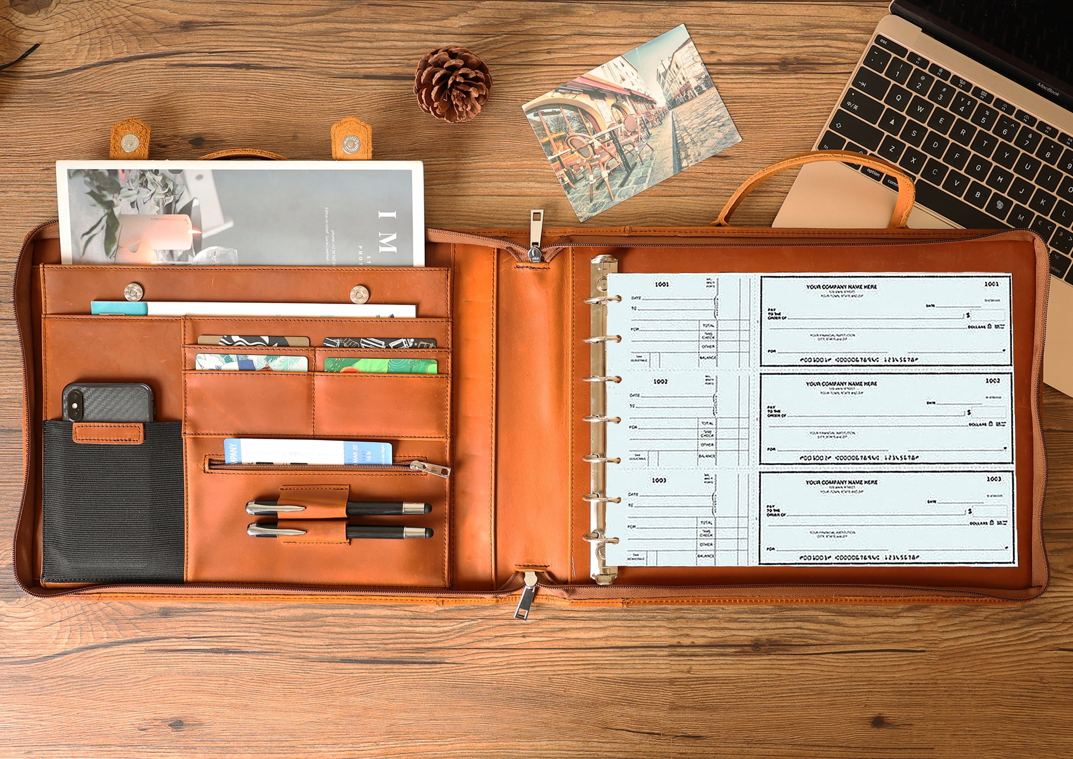 7 Ring Check Binder Cowhide Leather Check Portfolio for 3-Up Business Checks, Check Book Binder with Handle, Zippered Check Holder with 500 Check Capacity, Personalized Checkbook
