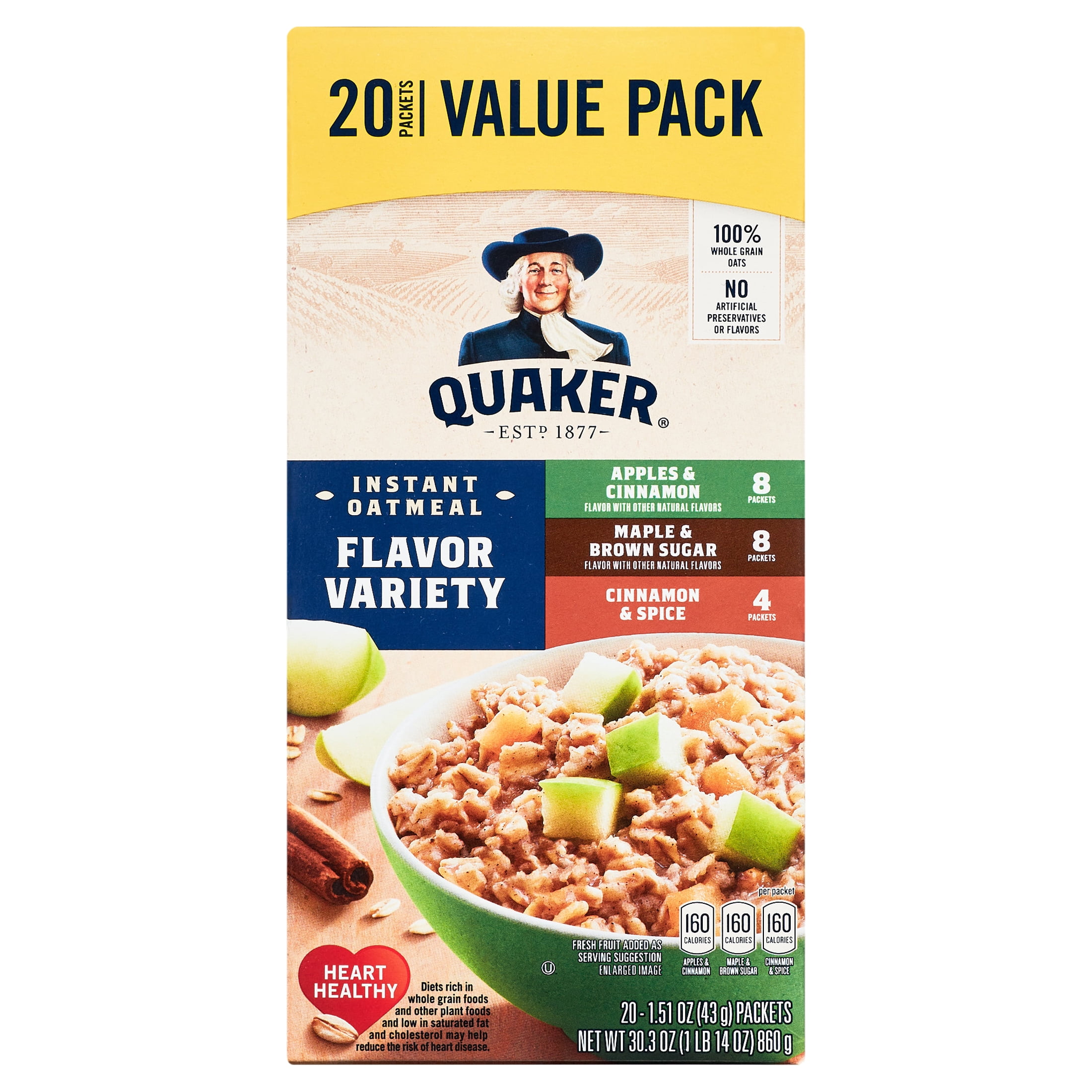(8 pack) Quaker Instant Oatmeal, Flavor Variety Value Pack, 20 Packets (8 Apples & Cinnamon, 8 Maple & Brown Sugar, 4 Cinnamon Spice)