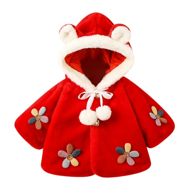 Abrigo De Invierno Para Niños Pequeños Chaquetas De Abrigo Para Niñas Color Sólido Felpa Flores Lindas Orejas De Conejo Sudadera Con Capucha Abrigo Grueso Capa Roja Odeerbi LM103-3781