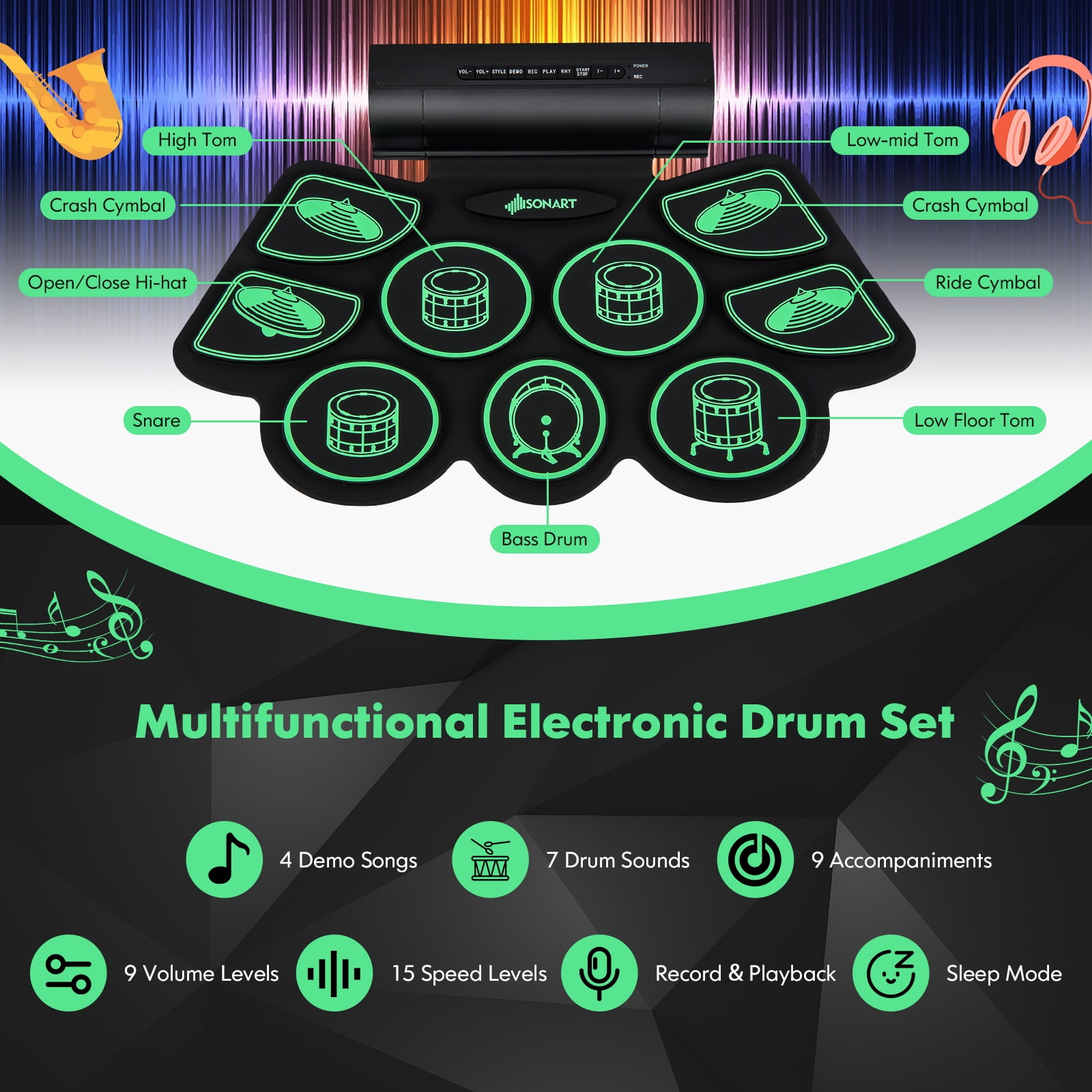 Infans 9 Pads Electronic Drum Set Roll Up Drum Kit w/ MIDI & Dual Stereo Speakers Green