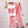 thumbnail image 2 of Taybagh Baby Girl Outfit Casual 2 Piece Girls Clothes Butterfly Print Top Ripped Jeans Travel Outfit Size 3-7t, 2 of 9