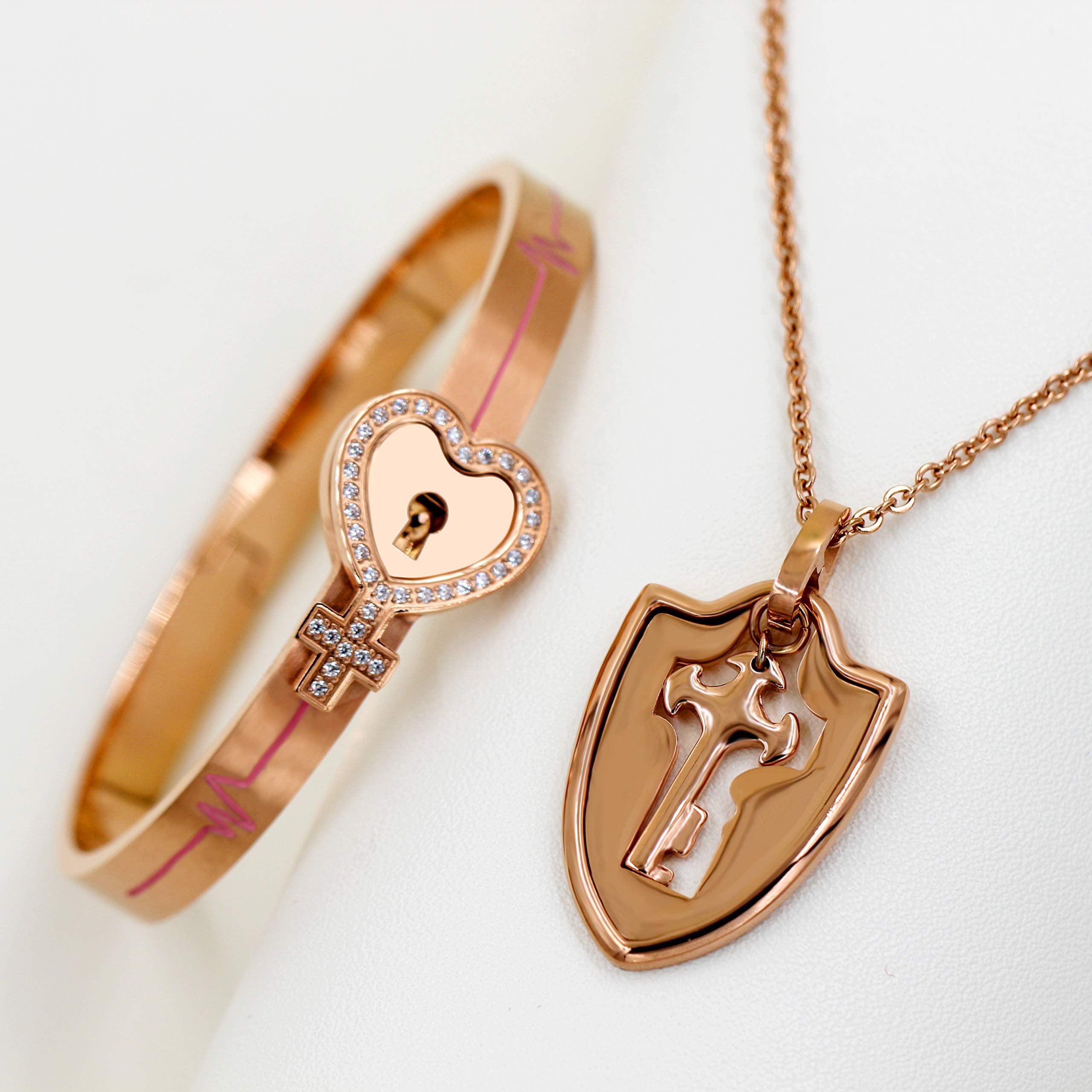 Uloveido Egyptian Ankh Cross Heartbeat Lock Bracelet and Shield Key Pendant Necklace