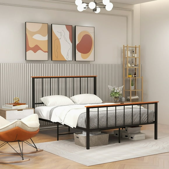 Gymax Queen Size Metal Platform Bed Frame Mattress Foundation with Headboard Industrial