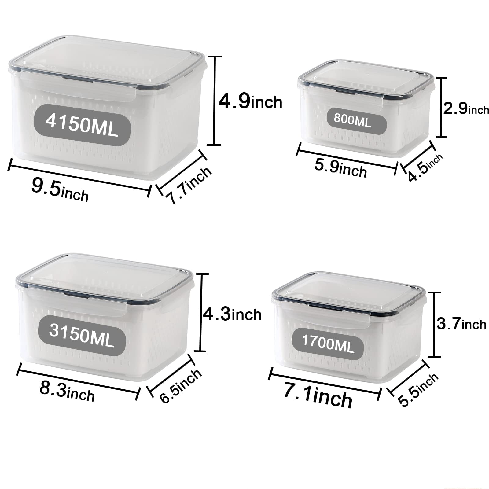 4 Pack Large Fridge Food Storage Container Set With Lids Strainer  Fruit Vegetable Containers Keep Fruits Vegetables Berry Meat Fresh Longer Plastic Produce Keepers